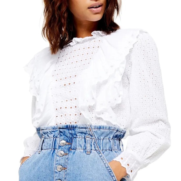 Topshop Tops - Topshop | Ruffle Long Sleeve Broderie Anglaise Top